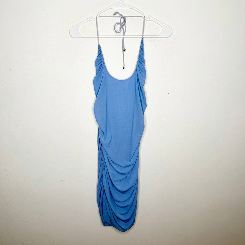 NWOT MESHKI Blue Ruched Tie Back Mini Dress